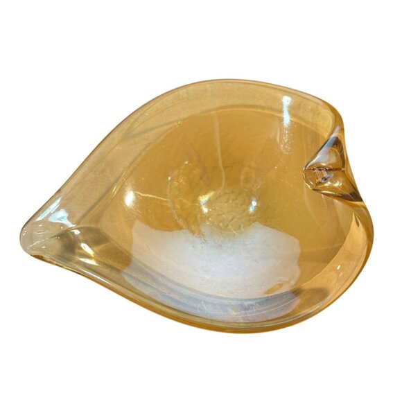 Folded Leaf Hand Blown Amber Honey Art Glass Trinket Bowl or Candy Dish - Picture 5 of 6